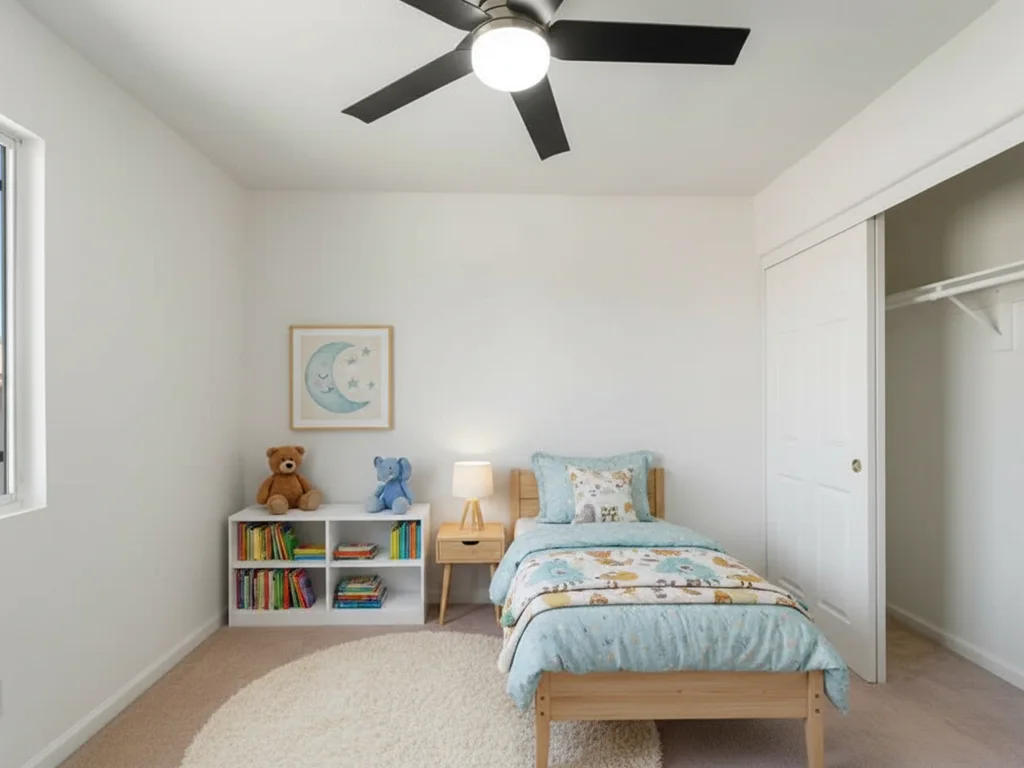 A child's room with a small bed and toys
