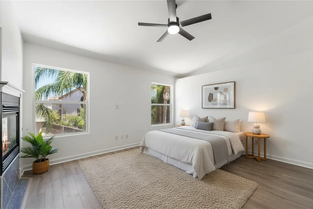 Clean, bright bedroom with a made bed